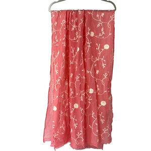 Pink Floral Embroidered Scarf Sheer Lightweight Wrap Romantic Cottage Core Girly
